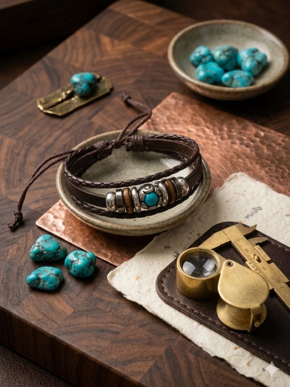Brown Leather Turquoise Bead Bracelet - Casual Boho Style